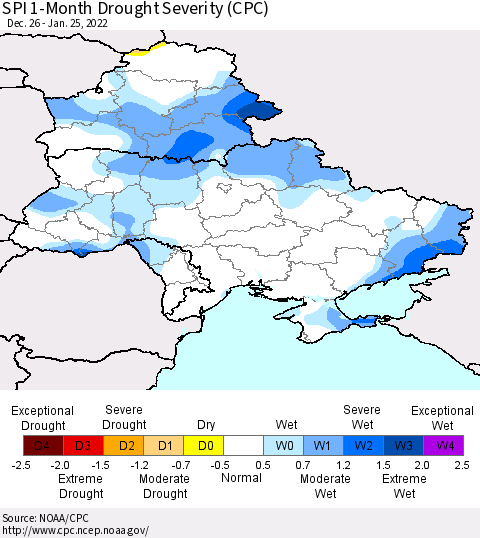 Ukraine, Moldova and Belarus SPI 1-Month Drought Severity (CPC) Thematic Map For 12/26/2021 - 1/25/2022