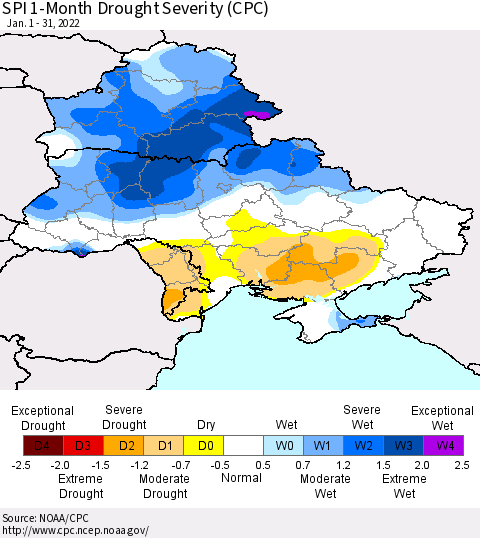 Ukraine, Moldova and Belarus SPI 1-Month Drought Severity (CPC) Thematic Map For 1/1/2022 - 1/31/2022