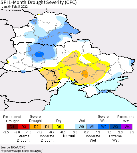 Ukraine, Moldova and Belarus SPI 1-Month Drought Severity (CPC) Thematic Map For 1/6/2022 - 2/5/2022