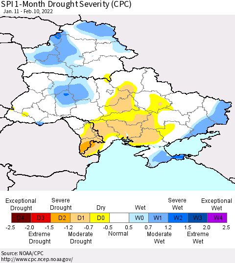 Ukraine, Moldova and Belarus SPI 1-Month Drought Severity (CPC) Thematic Map For 1/11/2022 - 2/10/2022