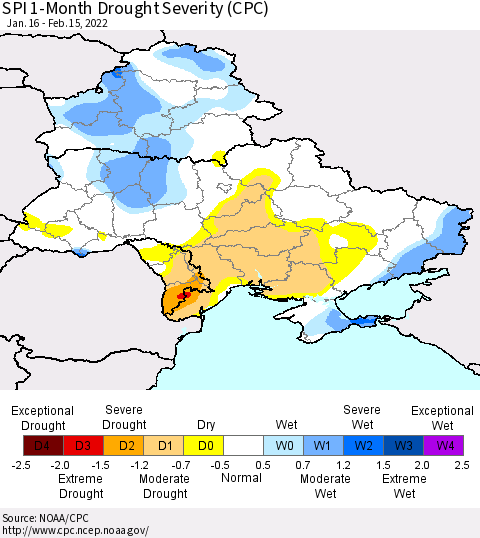 Ukraine, Moldova and Belarus SPI 1-Month Drought Severity (CPC) Thematic Map For 1/16/2022 - 2/15/2022