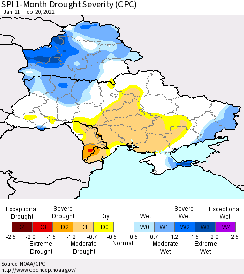Ukraine, Moldova and Belarus SPI 1-Month Drought Severity (CPC) Thematic Map For 1/21/2022 - 2/20/2022