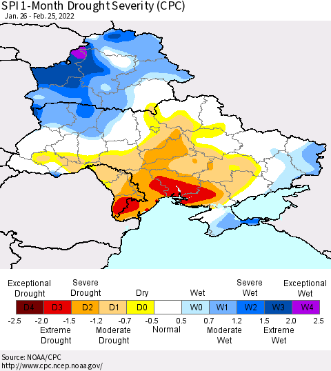 Ukraine, Moldova and Belarus SPI 1-Month Drought Severity (CPC) Thematic Map For 1/26/2022 - 2/25/2022