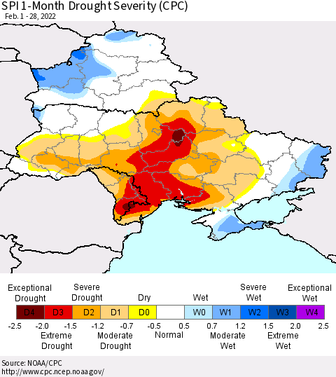 Ukraine, Moldova and Belarus SPI 1-Month Drought Severity (CPC) Thematic Map For 2/1/2022 - 2/28/2022