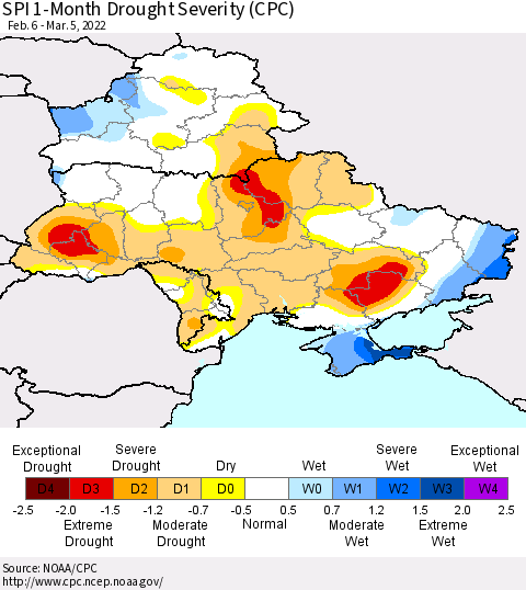 Ukraine, Moldova and Belarus SPI 1-Month Drought Severity (CPC) Thematic Map For 2/6/2022 - 3/5/2022