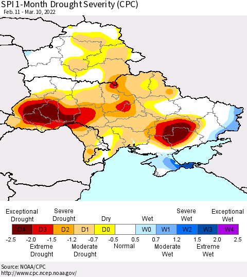 Ukraine, Moldova and Belarus SPI 1-Month Drought Severity (CPC) Thematic Map For 2/11/2022 - 3/10/2022