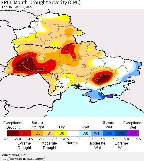 Ukraine, Moldova and Belarus SPI 1-Month Drought Severity (CPC) Thematic Map For 2/16/2022 - 3/15/2022