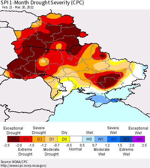 Ukraine, Moldova and Belarus SPI 1-Month Drought Severity (CPC) Thematic Map For 2/21/2022 - 3/20/2022