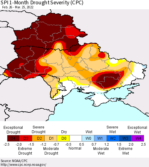 Ukraine, Moldova and Belarus SPI 1-Month Drought Severity (CPC) Thematic Map For 2/26/2022 - 3/25/2022