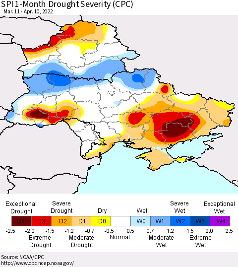 Ukraine, Moldova and Belarus SPI 1-Month Drought Severity (CPC) Thematic Map For 3/11/2022 - 4/10/2022