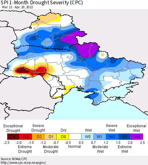 Ukraine, Moldova and Belarus SPI 1-Month Drought Severity (CPC) Thematic Map For 3/21/2022 - 4/20/2022