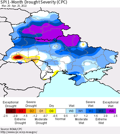 Ukraine, Moldova and Belarus SPI 1-Month Drought Severity (CPC) Thematic Map For 3/26/2022 - 4/25/2022