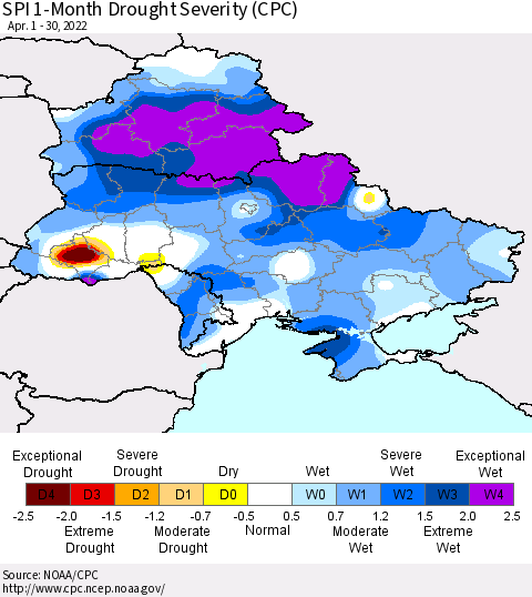 Ukraine, Moldova and Belarus SPI 1-Month Drought Severity (CPC) Thematic Map For 4/1/2022 - 4/30/2022