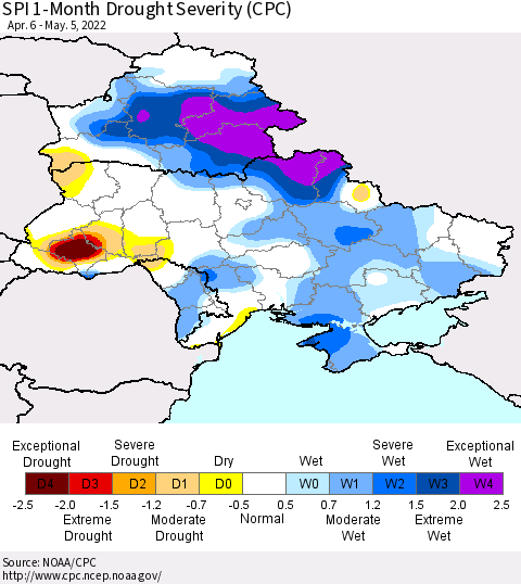 Ukraine, Moldova and Belarus SPI 1-Month Drought Severity (CPC) Thematic Map For 4/6/2022 - 5/5/2022