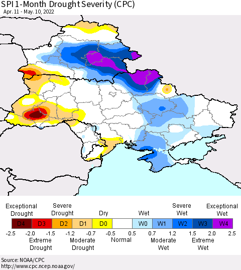 Ukraine, Moldova and Belarus SPI 1-Month Drought Severity (CPC) Thematic Map For 4/11/2022 - 5/10/2022