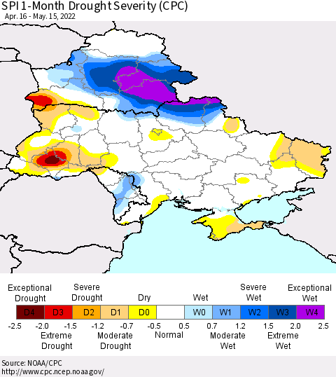 Ukraine, Moldova and Belarus SPI 1-Month Drought Severity (CPC) Thematic Map For 4/16/2022 - 5/15/2022