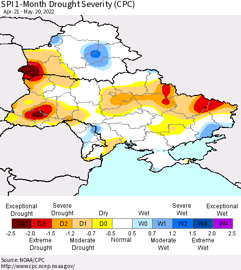 Ukraine, Moldova and Belarus SPI 1-Month Drought Severity (CPC) Thematic Map For 4/21/2022 - 5/20/2022