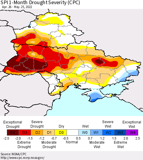 Ukraine, Moldova and Belarus SPI 1-Month Drought Severity (CPC) Thematic Map For 4/26/2022 - 5/25/2022