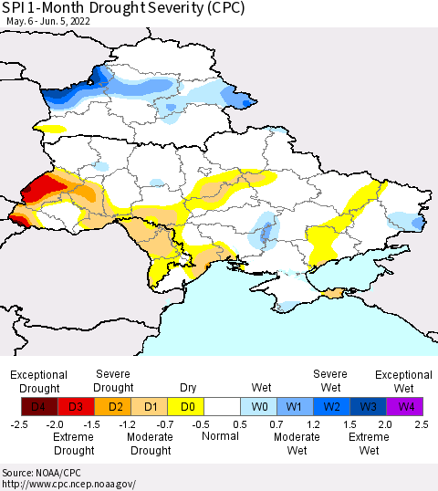 Ukraine, Moldova and Belarus SPI 1-Month Drought Severity (CPC) Thematic Map For 5/6/2022 - 6/5/2022