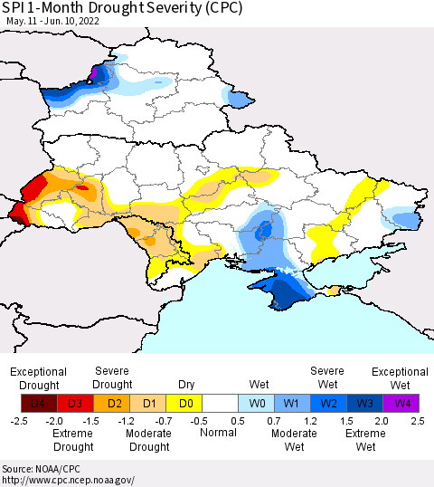 Ukraine, Moldova and Belarus SPI 1-Month Drought Severity (CPC) Thematic Map For 5/11/2022 - 6/10/2022