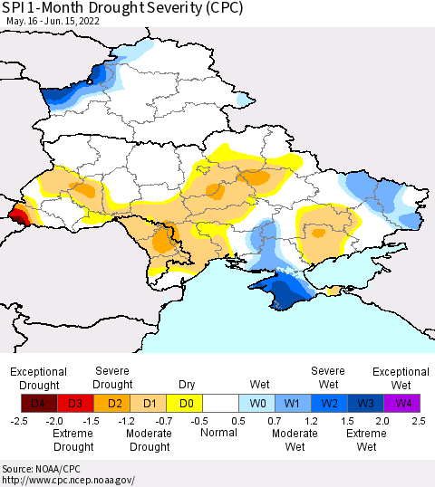Ukraine, Moldova and Belarus SPI 1-Month Drought Severity (CPC) Thematic Map For 5/16/2022 - 6/15/2022