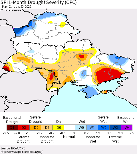 Ukraine, Moldova and Belarus SPI 1-Month Drought Severity (CPC) Thematic Map For 5/21/2022 - 6/20/2022