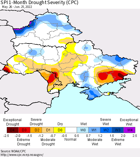 Ukraine, Moldova and Belarus SPI 1-Month Drought Severity (CPC) Thematic Map For 5/26/2022 - 6/25/2022