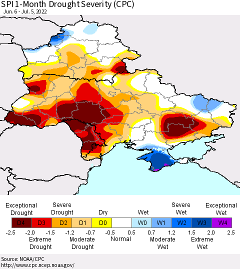 Ukraine, Moldova and Belarus SPI 1-Month Drought Severity (CPC) Thematic Map For 6/6/2022 - 7/5/2022