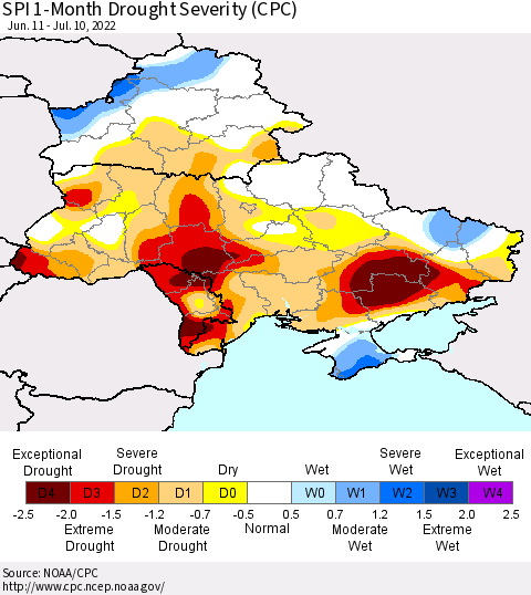Ukraine, Moldova and Belarus SPI 1-Month Drought Severity (CPC) Thematic Map For 6/11/2022 - 7/10/2022