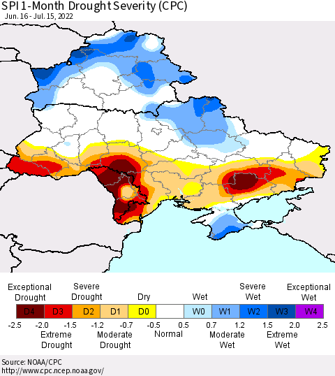 Ukraine, Moldova and Belarus SPI 1-Month Drought Severity (CPC) Thematic Map For 6/16/2022 - 7/15/2022