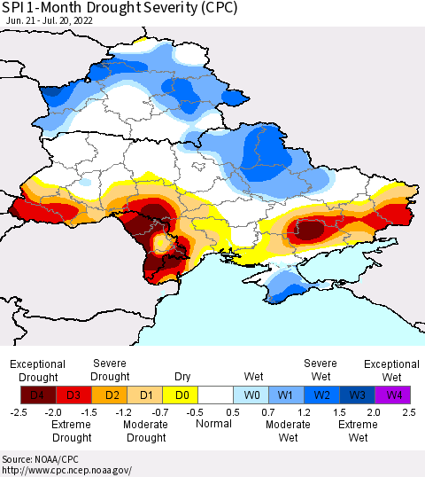 Ukraine, Moldova and Belarus SPI 1-Month Drought Severity (CPC) Thematic Map For 6/21/2022 - 7/20/2022