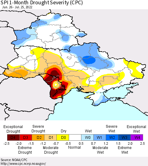 Ukraine, Moldova and Belarus SPI 1-Month Drought Severity (CPC) Thematic Map For 6/26/2022 - 7/25/2022