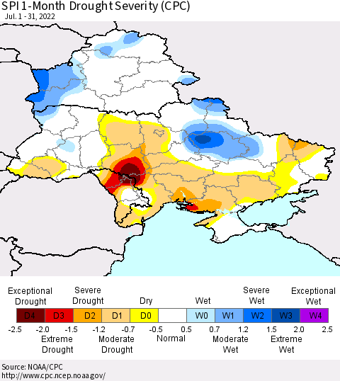 Ukraine, Moldova and Belarus SPI 1-Month Drought Severity (CPC) Thematic Map For 7/1/2022 - 7/31/2022