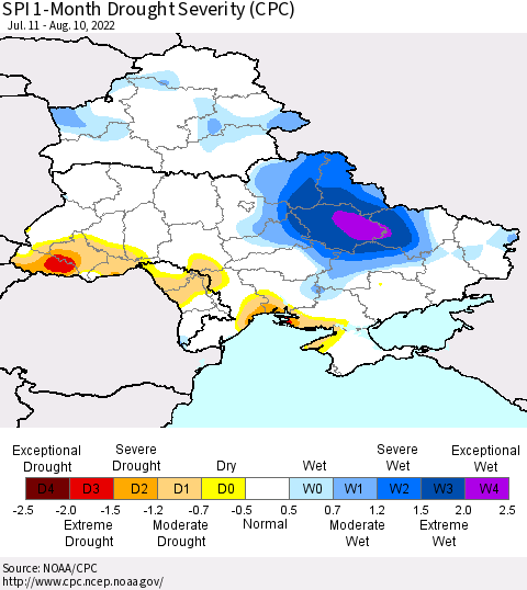 Ukraine, Moldova and Belarus SPI 1-Month Drought Severity (CPC) Thematic Map For 7/11/2022 - 8/10/2022
