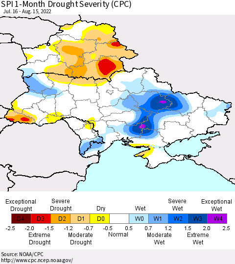 Ukraine, Moldova and Belarus SPI 1-Month Drought Severity (CPC) Thematic Map For 7/16/2022 - 8/15/2022