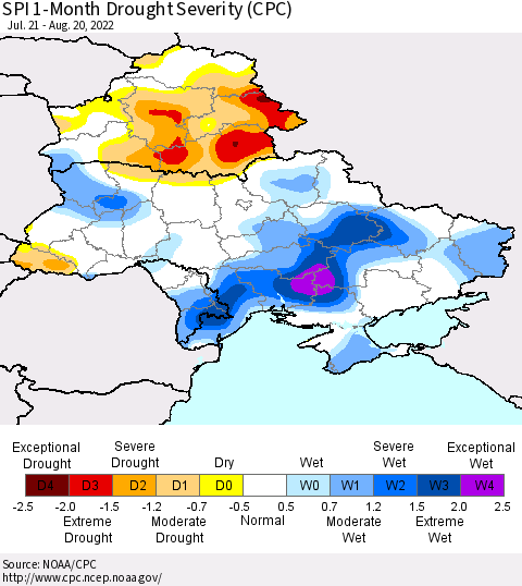 Ukraine, Moldova and Belarus SPI 1-Month Drought Severity (CPC) Thematic Map For 7/21/2022 - 8/20/2022