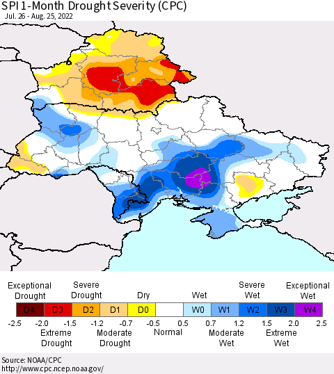 Ukraine, Moldova and Belarus SPI 1-Month Drought Severity (CPC) Thematic Map For 7/26/2022 - 8/25/2022