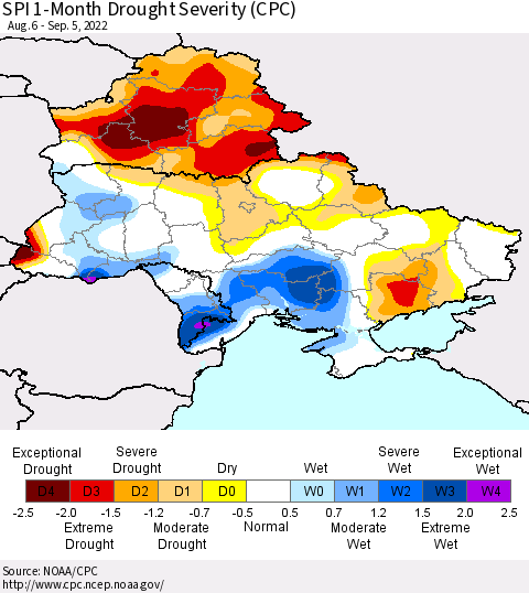 Ukraine, Moldova and Belarus SPI 1-Month Drought Severity (CPC) Thematic Map For 8/6/2022 - 9/5/2022