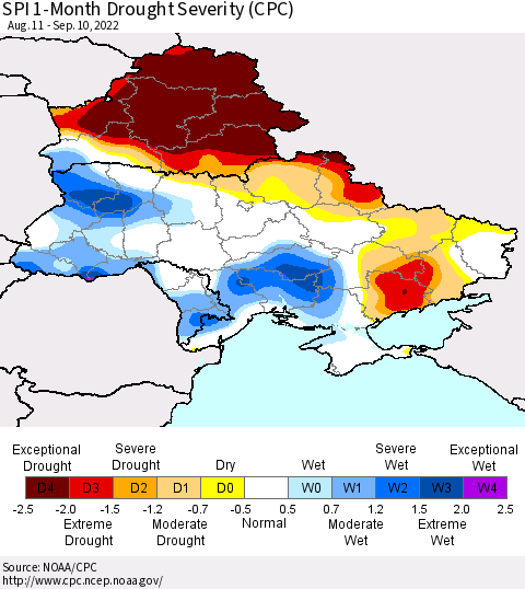 Ukraine, Moldova and Belarus SPI 1-Month Drought Severity (CPC) Thematic Map For 8/11/2022 - 9/10/2022