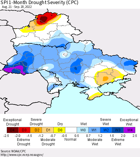 Ukraine, Moldova and Belarus SPI 1-Month Drought Severity (CPC) Thematic Map For 8/21/2022 - 9/20/2022