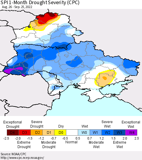 Ukraine, Moldova and Belarus SPI 1-Month Drought Severity (CPC) Thematic Map For 8/26/2022 - 9/25/2022
