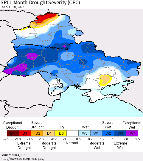 Ukraine, Moldova and Belarus SPI 1-Month Drought Severity (CPC) Thematic Map For 9/1/2022 - 9/30/2022