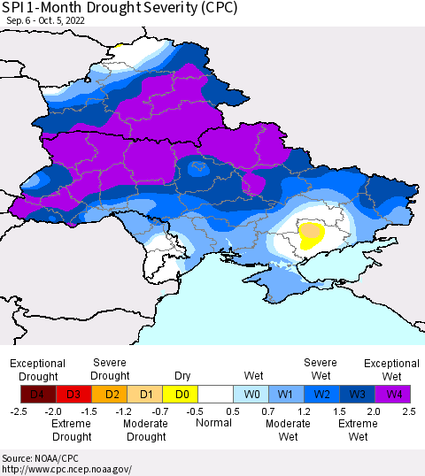 Ukraine, Moldova and Belarus SPI 1-Month Drought Severity (CPC) Thematic Map For 9/6/2022 - 10/5/2022