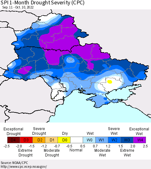 Ukraine, Moldova and Belarus SPI 1-Month Drought Severity (CPC) Thematic Map For 9/11/2022 - 10/10/2022