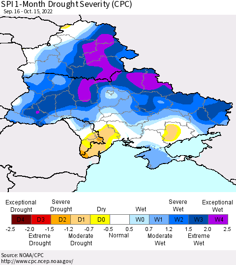 Ukraine, Moldova and Belarus SPI 1-Month Drought Severity (CPC) Thematic Map For 9/16/2022 - 10/15/2022