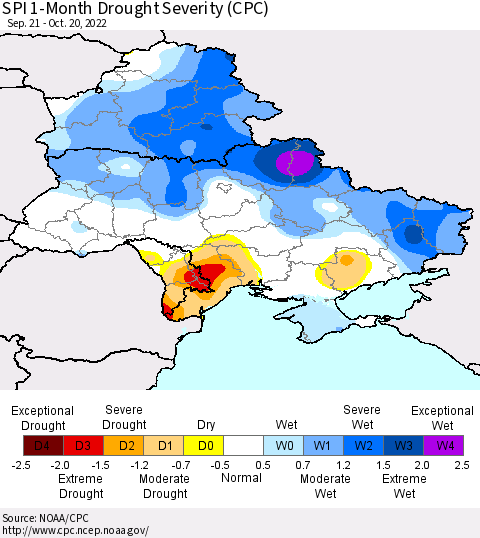 Ukraine, Moldova and Belarus SPI 1-Month Drought Severity (CPC) Thematic Map For 9/21/2022 - 10/20/2022