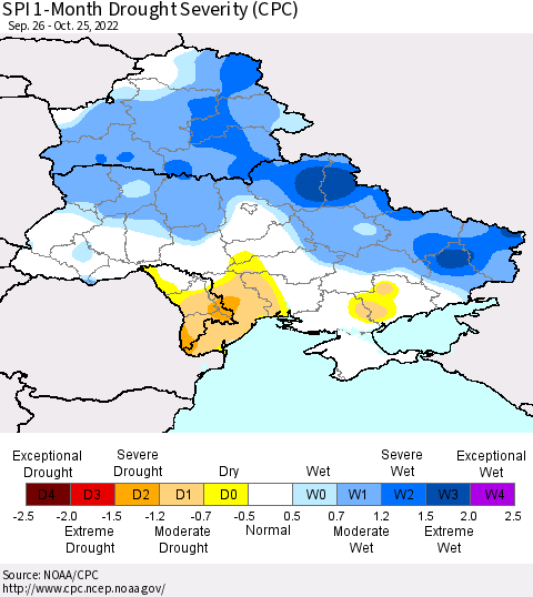 Ukraine, Moldova and Belarus SPI 1-Month Drought Severity (CPC) Thematic Map For 9/26/2022 - 10/25/2022