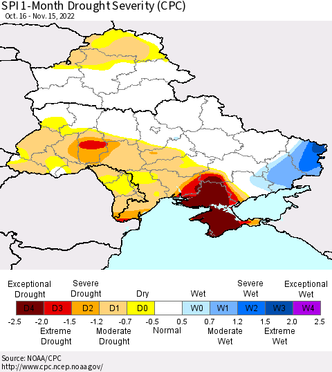 Ukraine, Moldova and Belarus SPI 1-Month Drought Severity (CPC) Thematic Map For 10/16/2022 - 11/15/2022