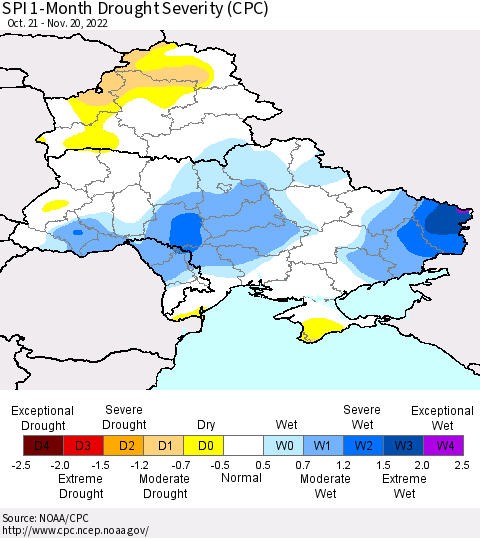 Ukraine, Moldova and Belarus SPI 1-Month Drought Severity (CPC) Thematic Map For 10/21/2022 - 11/20/2022