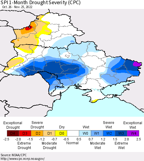 Ukraine, Moldova and Belarus SPI 1-Month Drought Severity (CPC) Thematic Map For 10/26/2022 - 11/25/2022